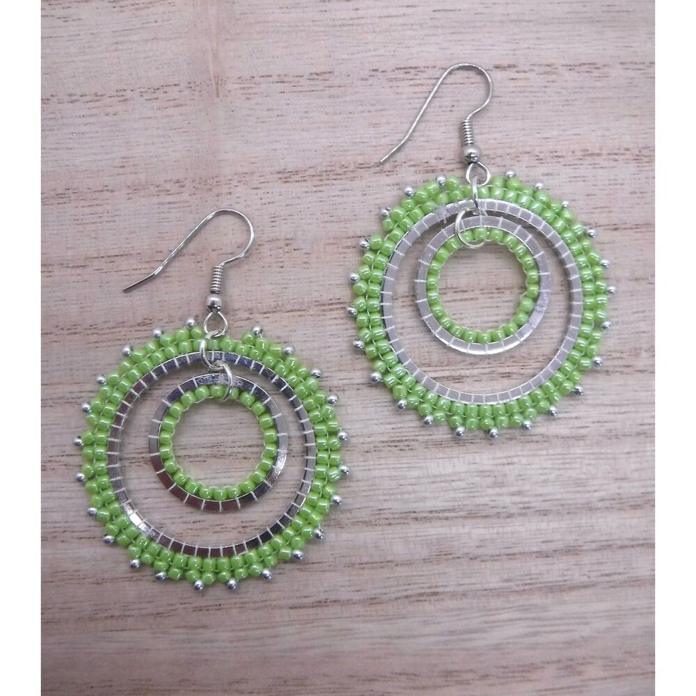 Earrings Beaded Sour Apple Green & Silver
